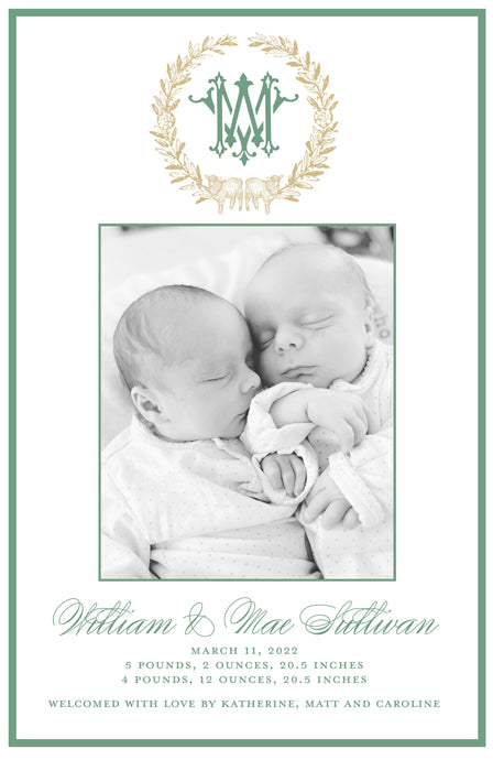 Sheep Crest/ Initial Birth Announcement Twins