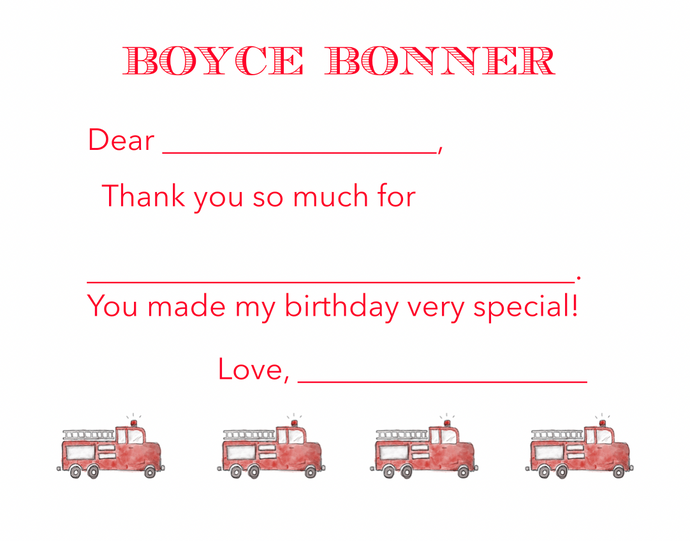 Easy Breezy Fire Truck Thank You Notes