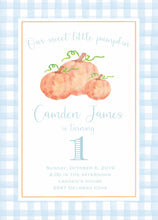 Load image into Gallery viewer, Pumpkin Birthday Invitations - Blue Gingham