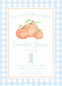 Pumpkin Birthday Invitations - Blue Gingham