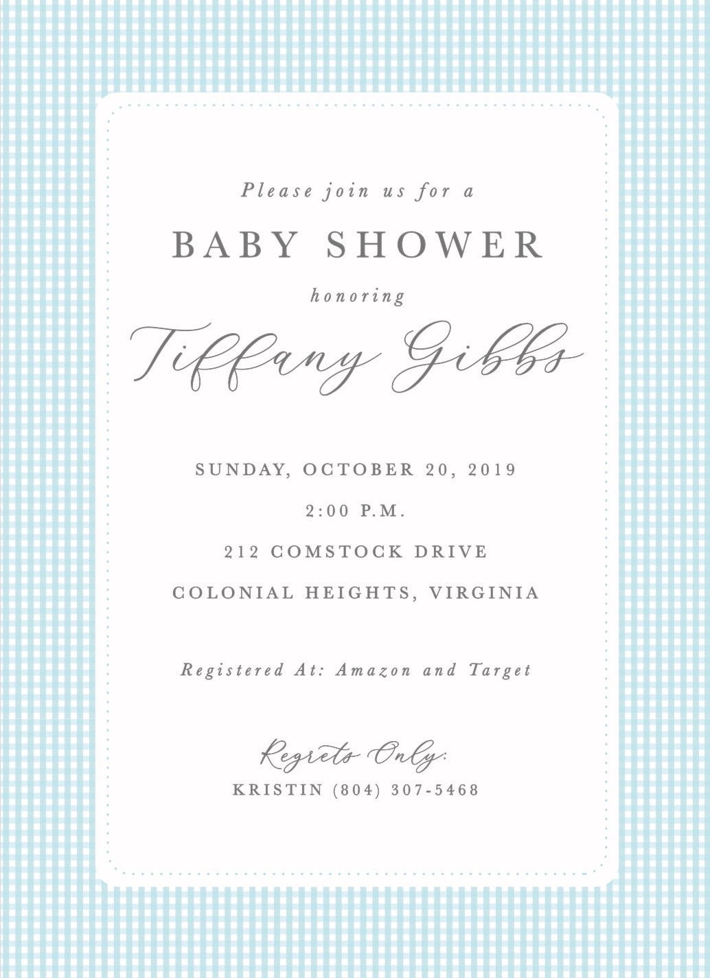 Blue Gingham Baby Shower Invitations