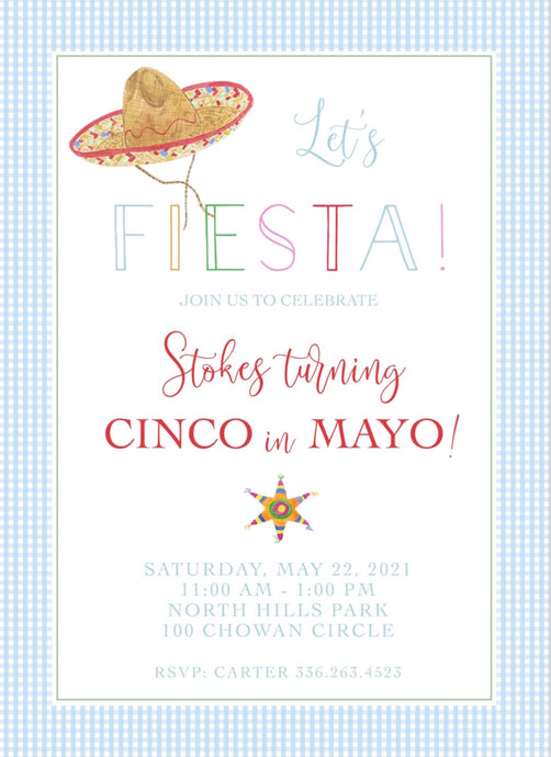 Fiesta Birthday Invitations-Blug Gingham