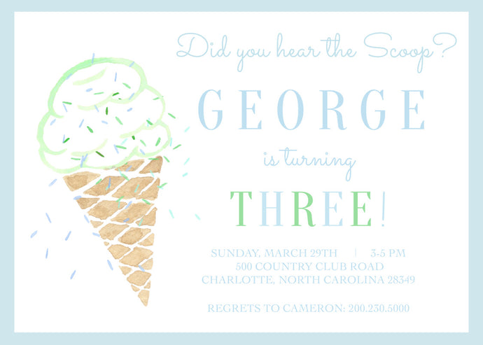 Sweet Scoops Ice cream Birthday Invitation- Blue