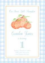 Load image into Gallery viewer, Pumpkin Birthday Invitations - Blue Gingham