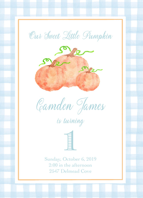 Pumpkin Birthday Invitations - Blue Gingham