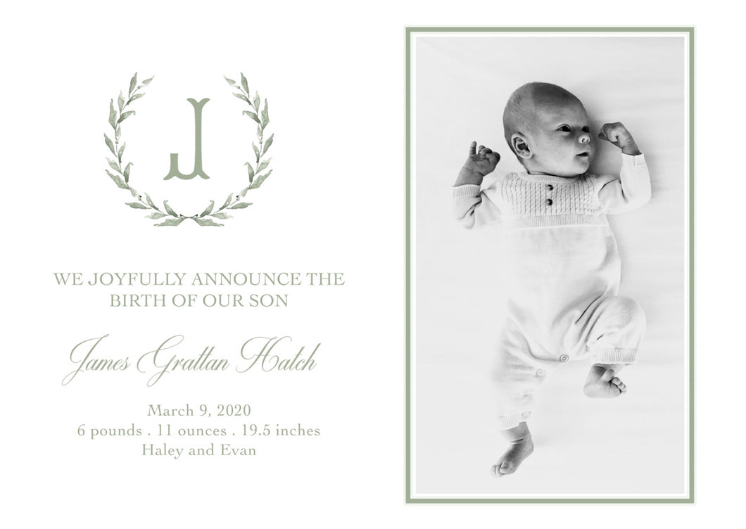 Greenery with Initial Birth Announcement- Horizontal