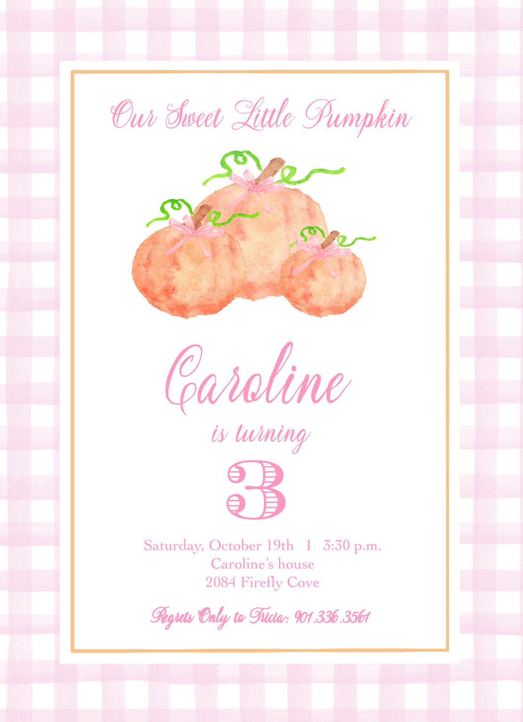 Pumpkin Birthday Invitations - Pink Gingham